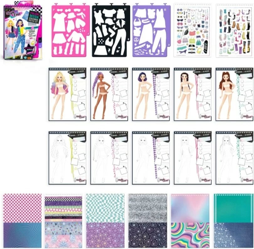 Set dizajni mode Epee Style 4 Ever, Sketchbook me shabllone dhe ngjitëse, për vajza, 20 stile