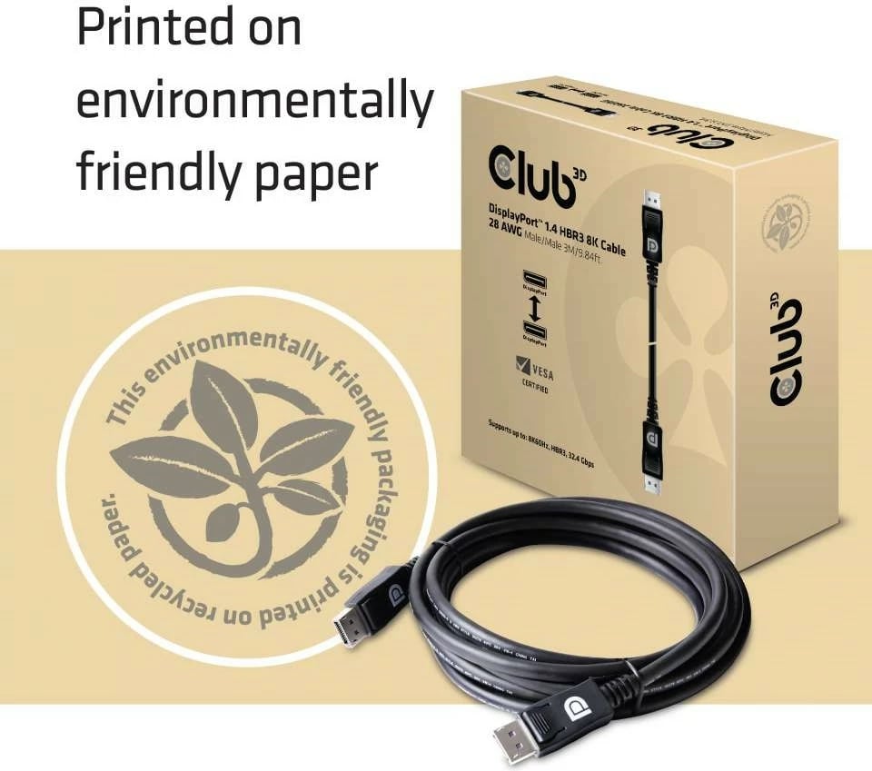 Kabllo DisplayPort Club3D 1.4, 3m, 32.4Gb/s, e zezë
