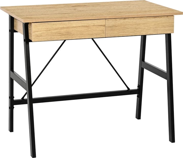 Tavolinë pune me sirtarë, ngjyrë lisi, këmbë metalike të zeza, Lione, 90x50x75cm