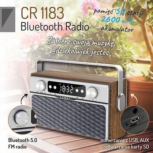 Radio Bluetooth portative, Camry CR 1183, FM, USB/SD/AUX, Bluetooth 5.0, altoparlantë stereo 2x6 W, bateri 2600 mAh