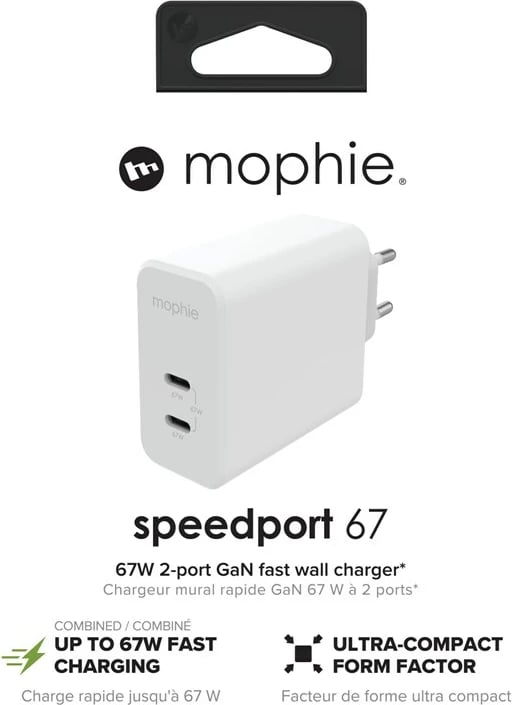 Karikues muri mophie, 2x USB-C, 67W, GaN, i bardhë, EU