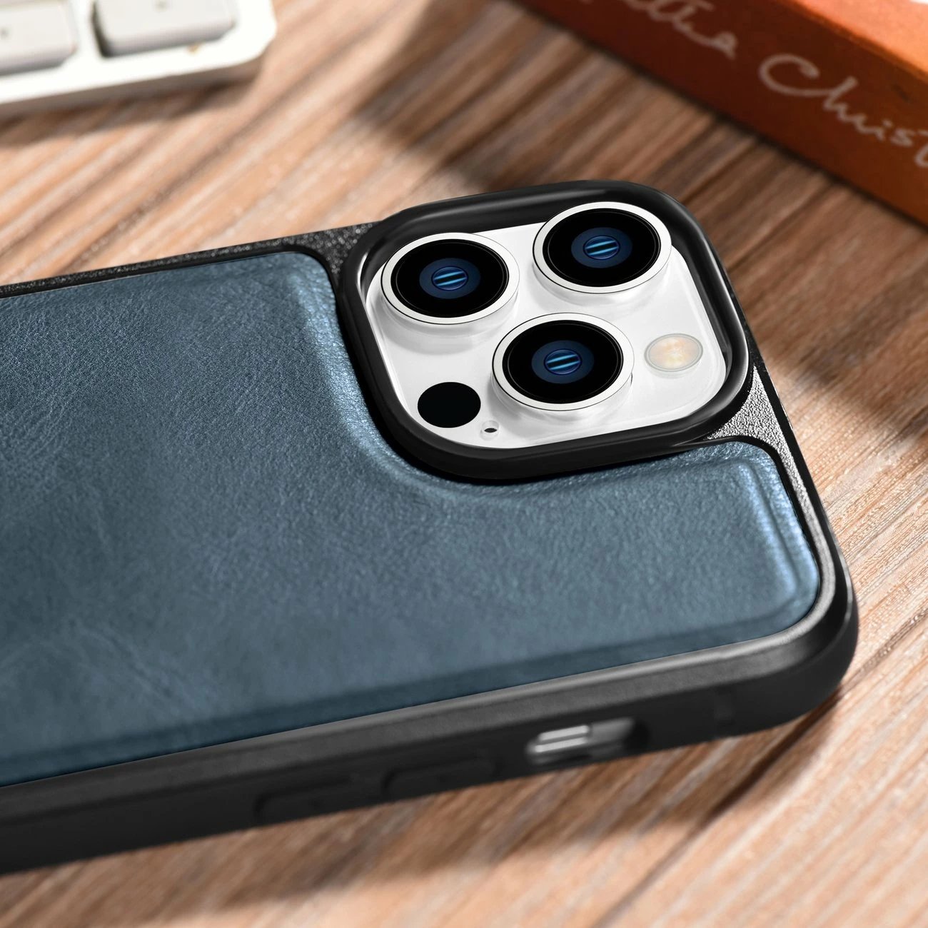 Mbështjellës iCarer për iPhone 14 Pro, lëkurë natyrale, Blu