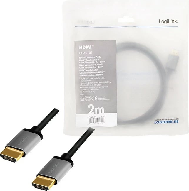 Kabllo HDMI LogiLink CHA0101, 2m, 4K/60Hz, Zezë/Argjendtë