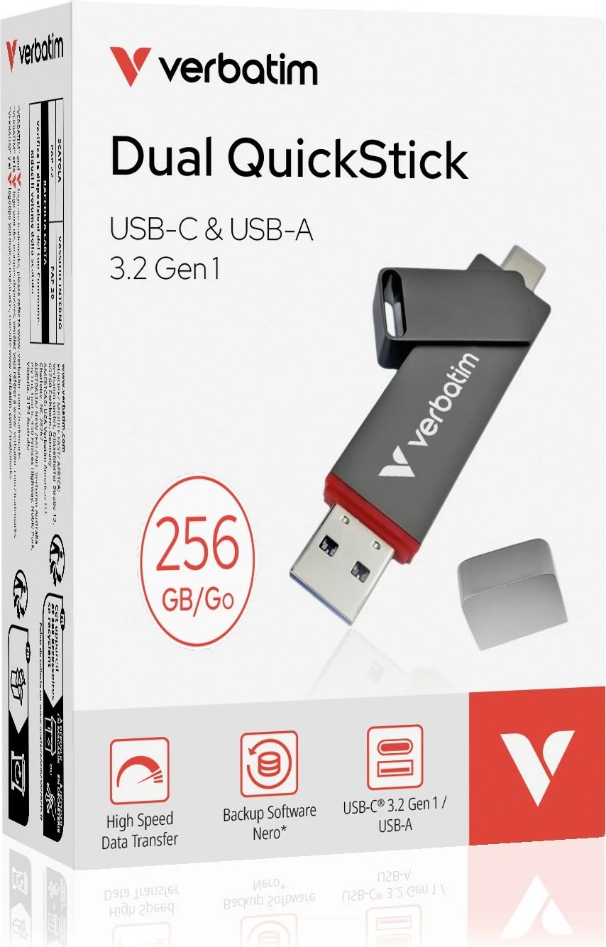 USB flash Verbatim Dual QuickStick 256GB, USB-A/USB-C, 3.2 Gen 1, gri