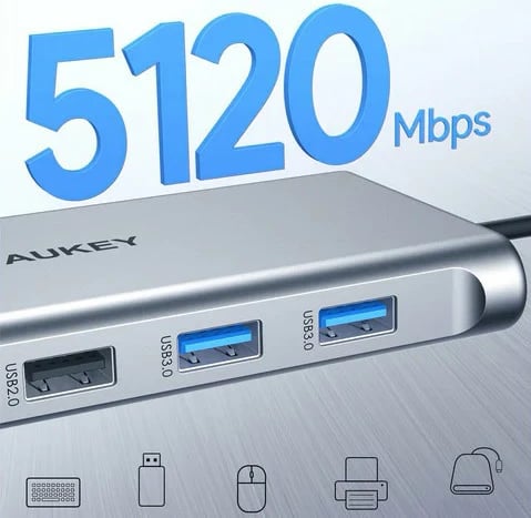 Kasë AUKEY CB-C89, 10-në-1, USB-C, HDMI 4K, RJ45, SD/microSD, 100W, Argjendtë