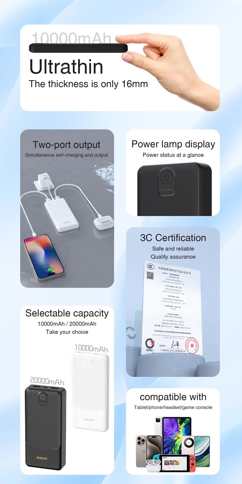 Powerbank Dudao K10, 10000mAh, 2x USB-A, USB-C, Bardhë