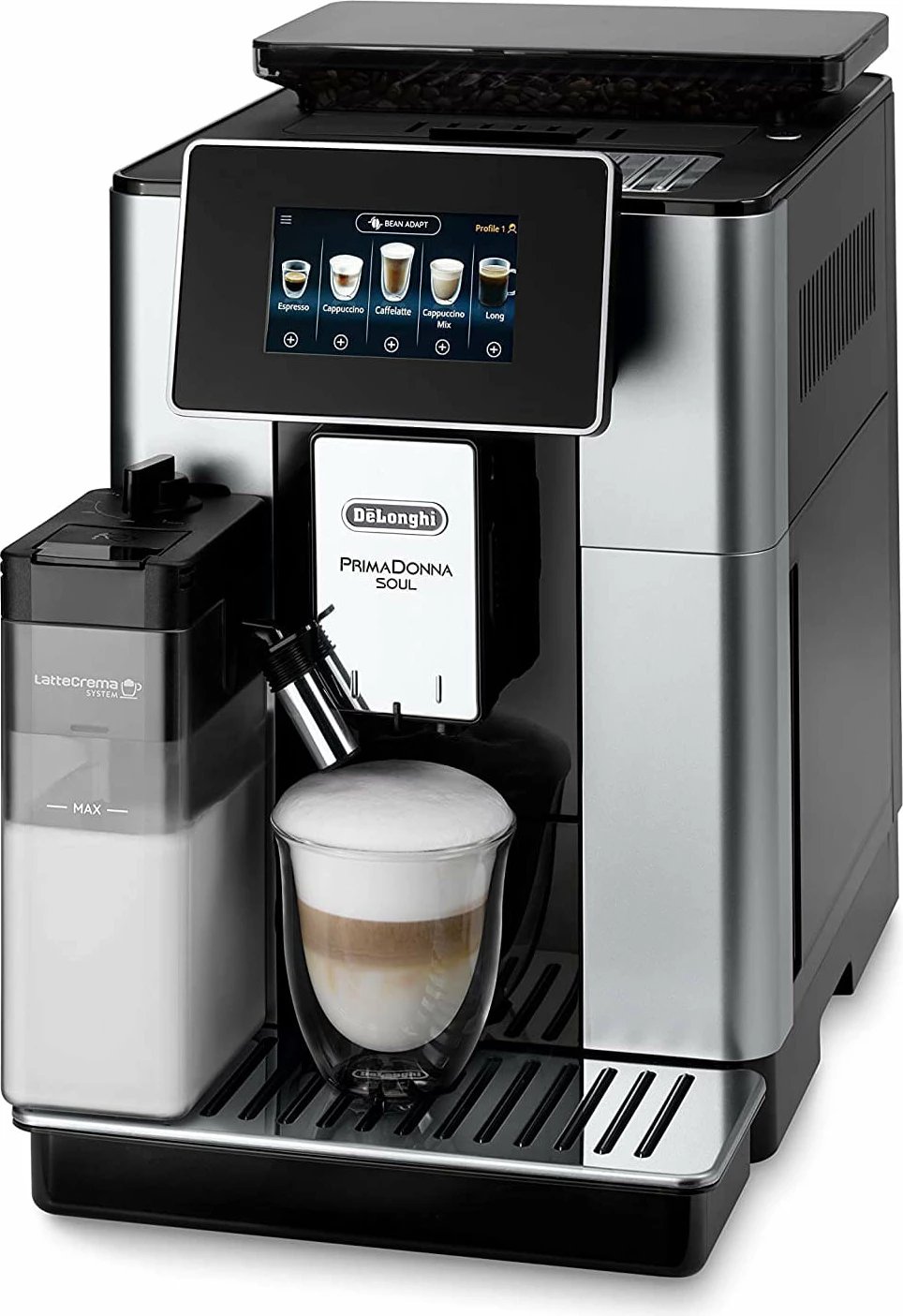 Makineri kafeje automatike, DeLonghi PrimaDonna Soul ECAM610.55.SB, 19 bar, rezervuar uji 2.2 L, kontejner kokrrash 500 g, ekran TFT me prekje, argjendtë