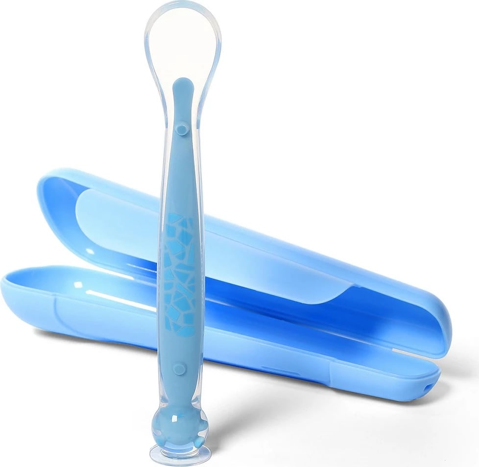 Lugë silikoni me kupë thithëse, Baby Ono, me kuti transporti, 6m+, blu, set 1 lugë + kuti