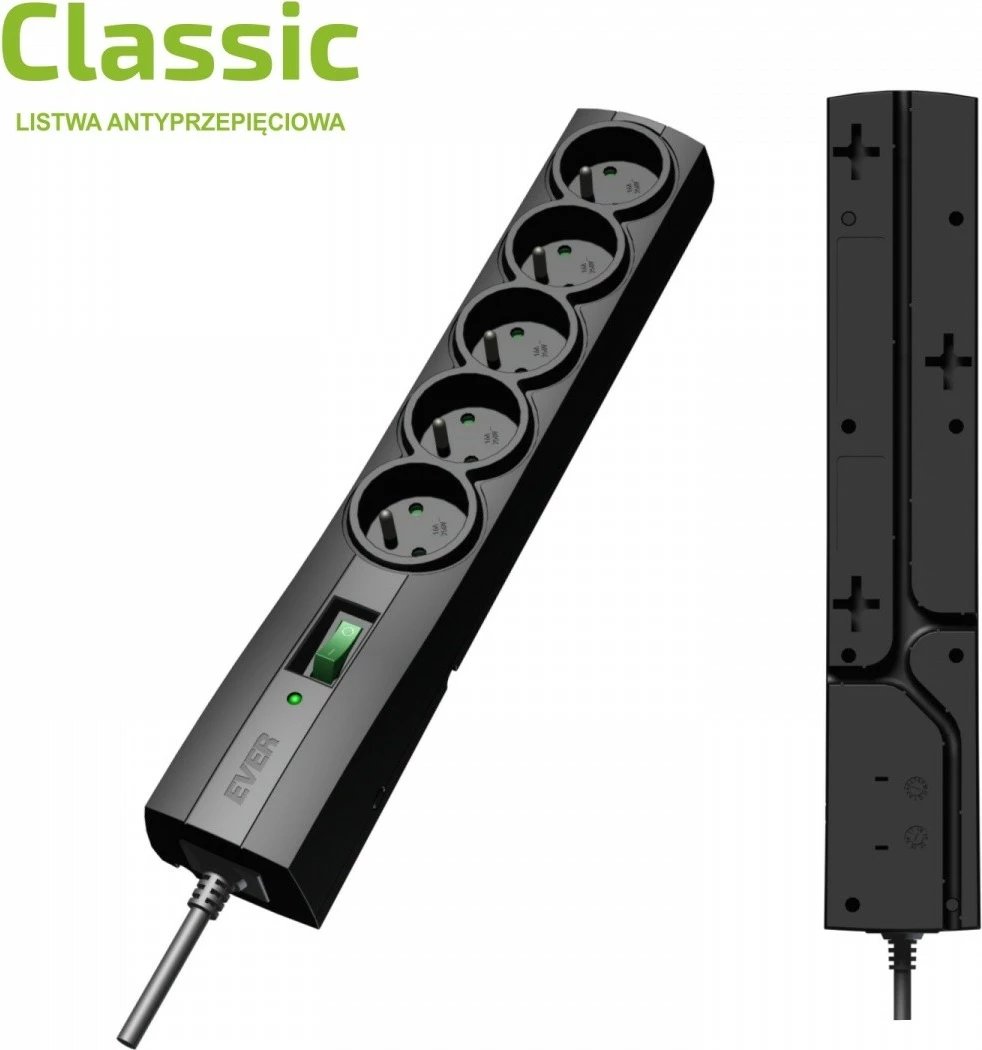 Listë mbrojtëse nga rrymat EVER Classic T/LZ09-CLA030/0000, 5 prizë, 3m, e zezë