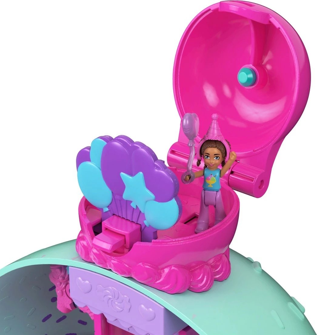 Set lodrash Polly Pocket Ice Cream House, Mattel JFT91, me 2 kukulla dhe 25 aksesorë, shumëngjyrësh