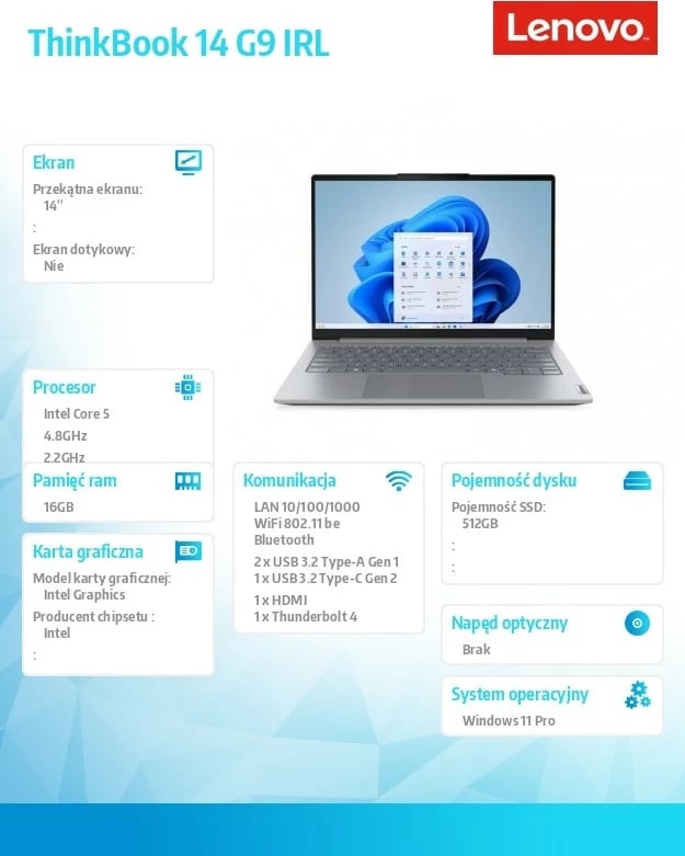Laptop Lenovo ThinkBook 14 G9 IRL, Intel Core 5 210H, 14" WUXGA, 16GB RAM, 512GB SSD, Intel Graphics, Windows 11 Pro, gri Luna