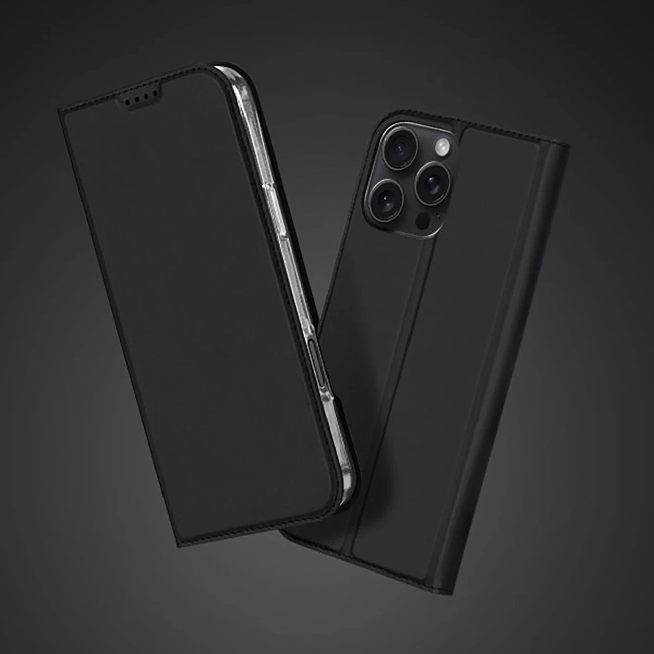 Mbështjellës Dux Ducis Skin Pro për iPhone 16 Pro, me kapak dhe xhep për kartela, e zezë