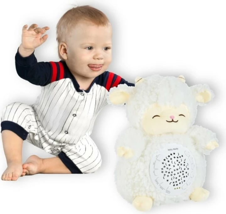 Lodër pelushi me projektor, Milly Mally Milly Sheep 5664, 10 ninulla, 5 zhurma të bardha, timer 30/60/90 min, 7 drita, me bateri AA, 30×15.5×23 cm, e bardhë