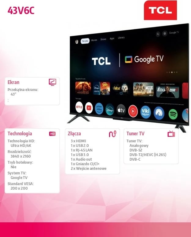 Televizor Smart TCL 43V6C, 43", Ultra HD/4K, Google TV, i zi