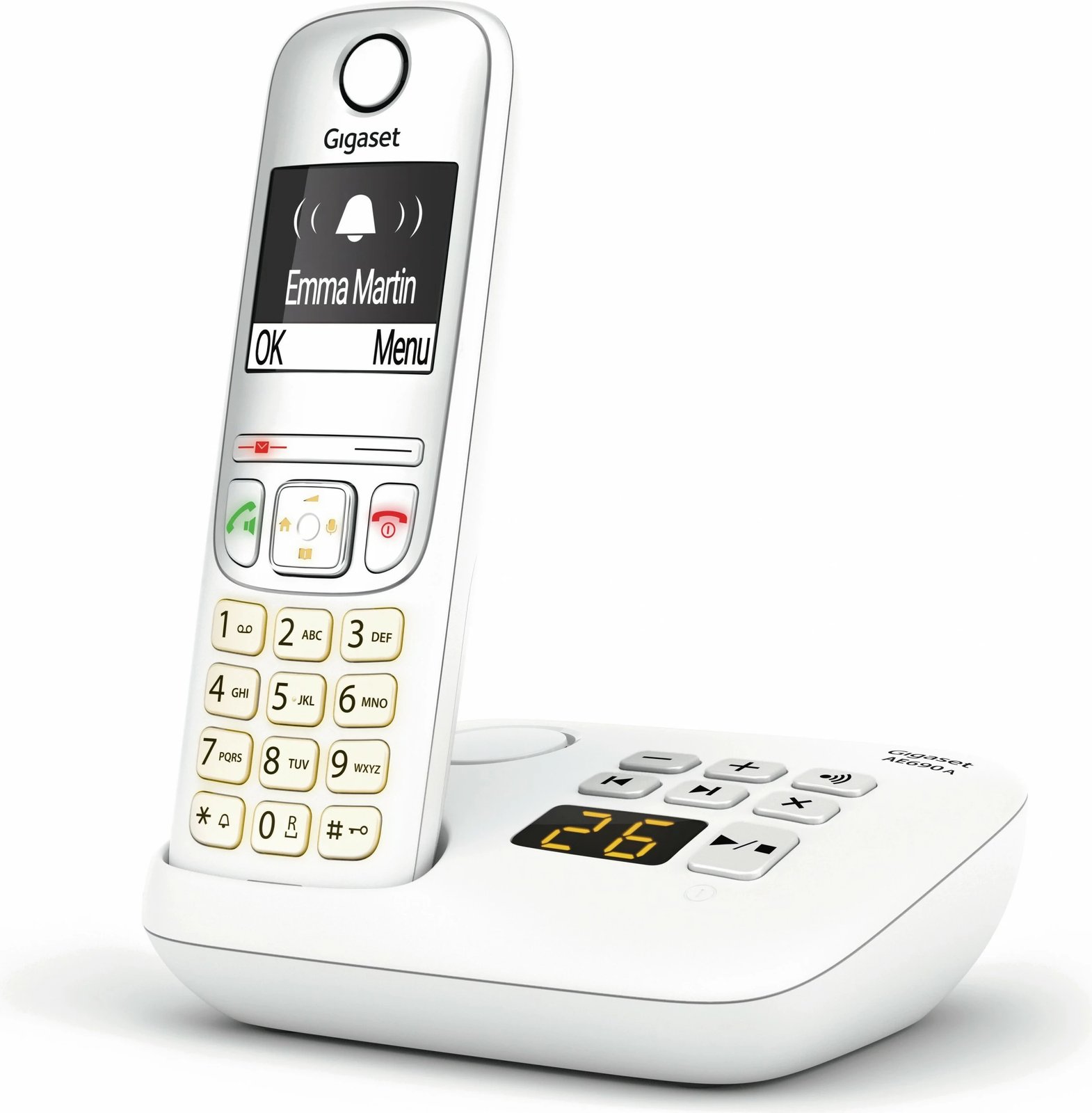 Telefon pa kabllo Gigaset AE690A, analog/DECT, regjistrues thirrjesh, 100 kontakte, i bardhë