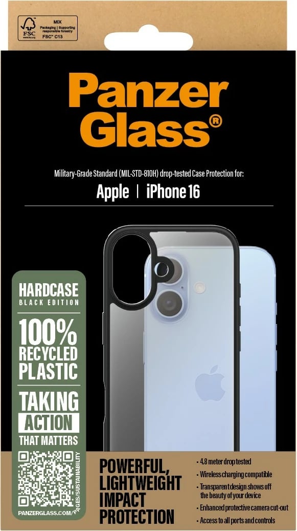 Mbështjellës PanzerGlass HardCase për iPhone 16, transparent, kornizë e zezë