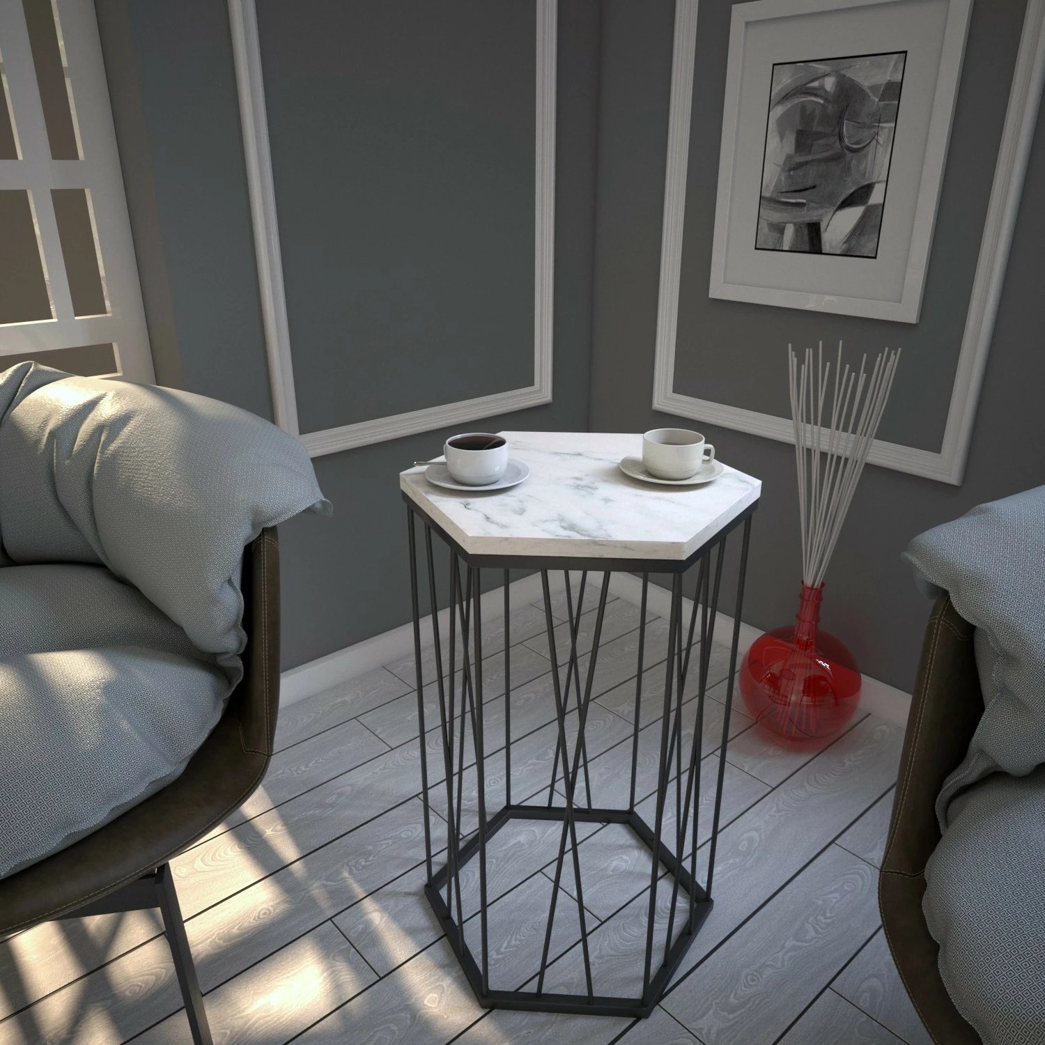 Tavolinë anësore Hanah Home, Cetrus - Marmo, e bardhë dhe e zezë