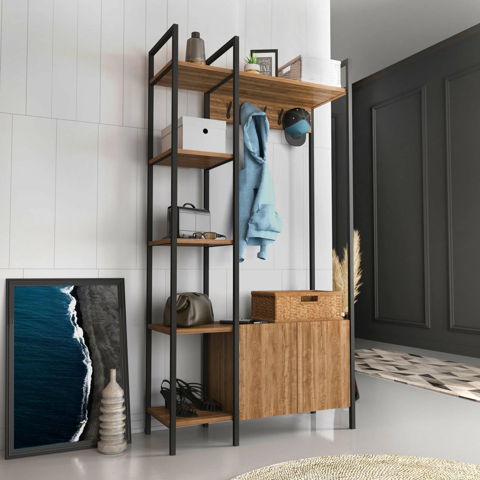 Stendë industriale për korridor, ngjyrë arre dhe e zezë, Hanah Home, Doga