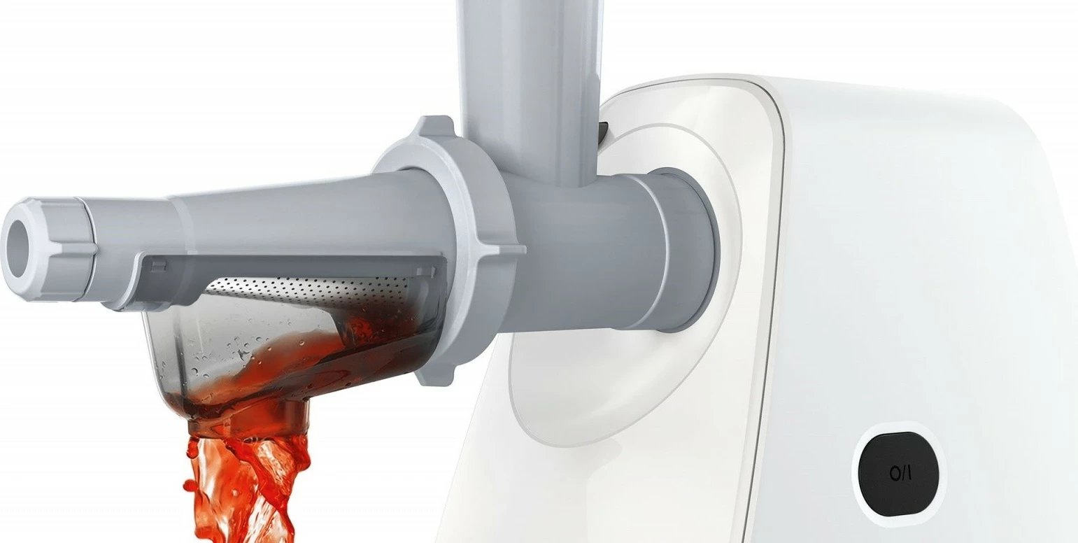 Grirëse mishi, Bosch MFW2517W, 1500W, sita 3.8/8 mm, me grirëse perimesh 3 tamburë, shtytës salçiçe, shtrydhëse manaferre/domate, e bardhë