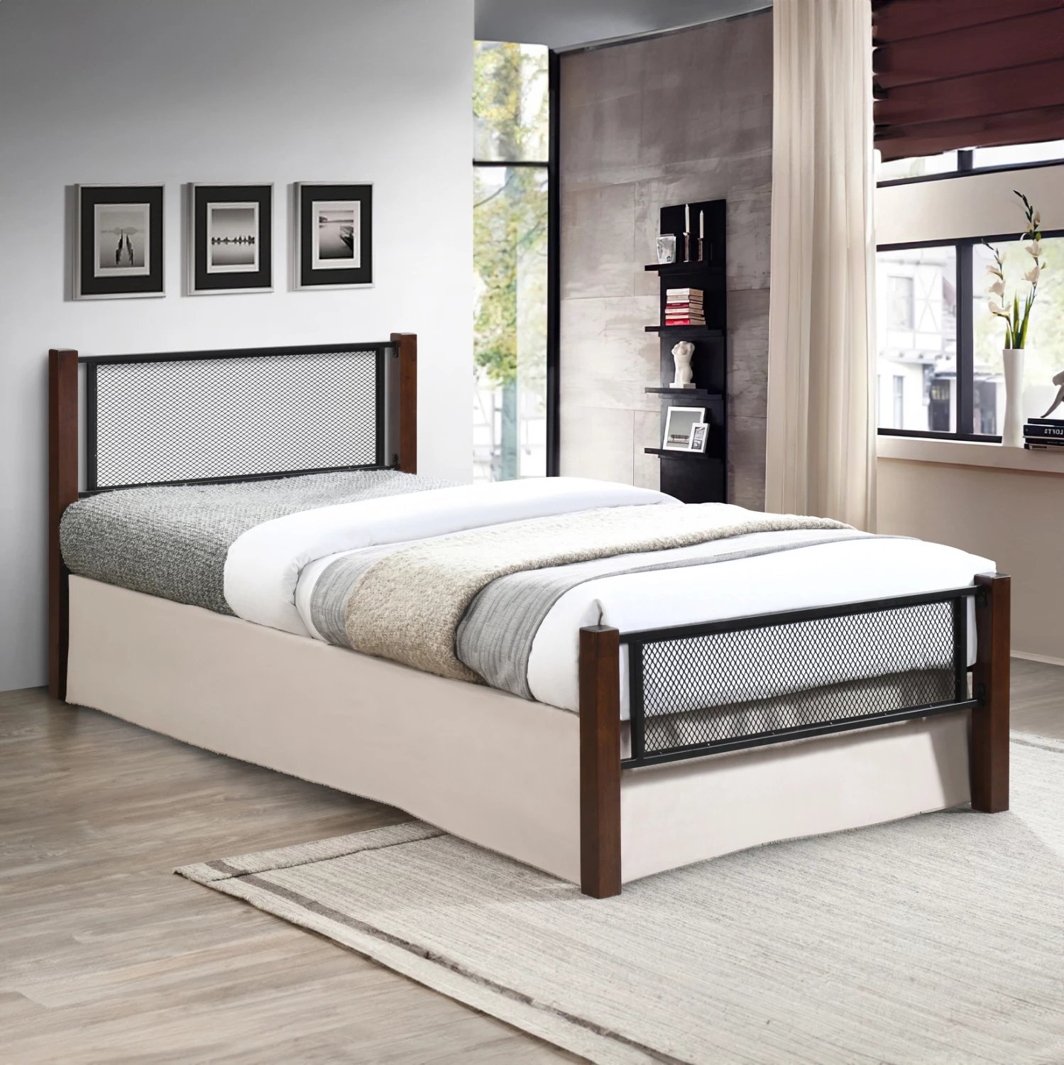 Krevat teke Rayven, dru ngjyrë lisi i pistë, metal i zi, për dyshek 90x190cm