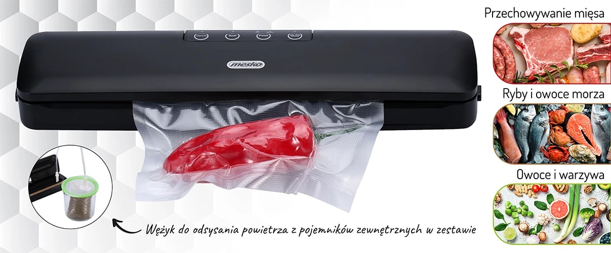 Sealer vakumi, Mesko 4492, 95W 12L/min, gjerësi qese deri 28 cm, 2 moda Dry/Moist, e zezë, set me rul 28cm x 3m + zorrë