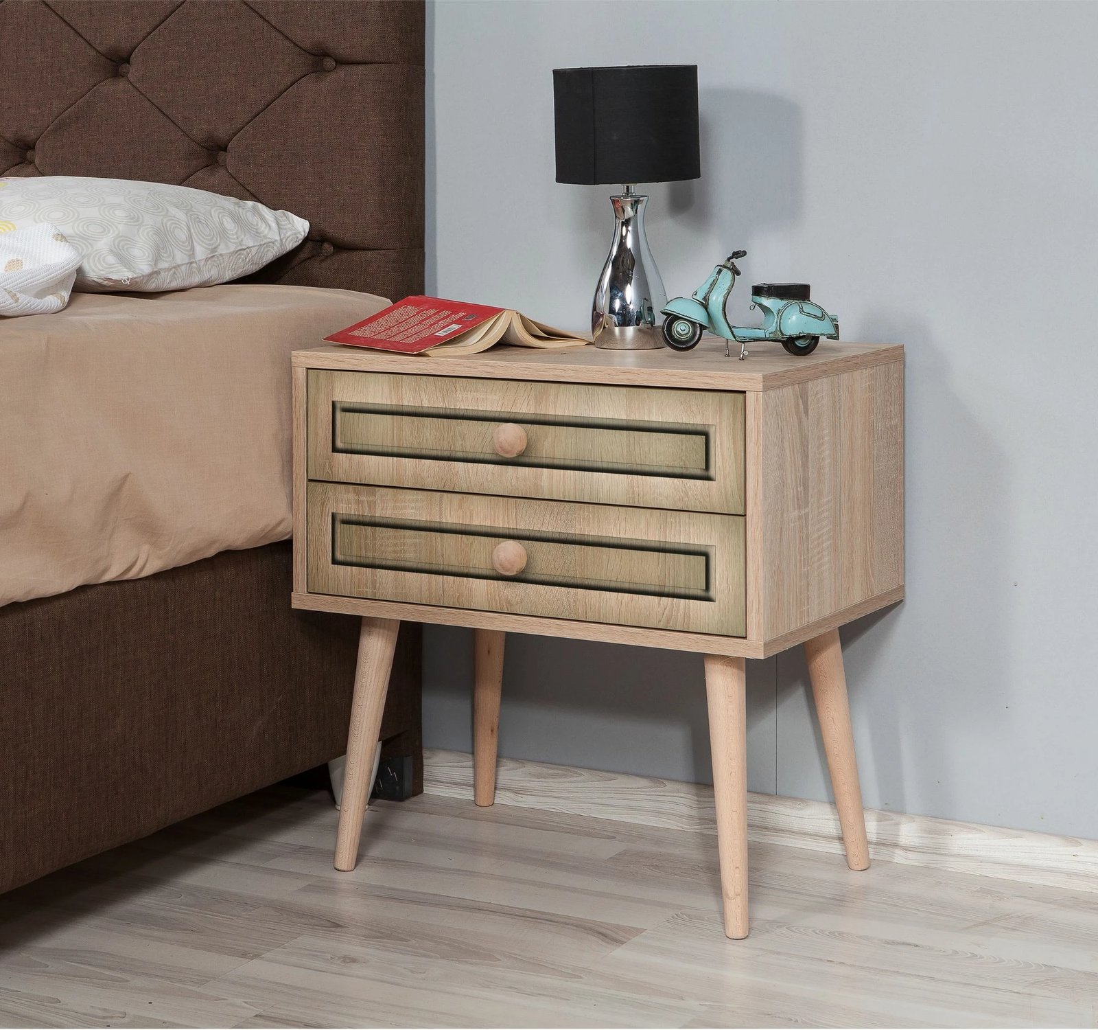 Komodinë nate Skye Decor, dy sirtarë, sonoma oak, 60x61x40cm