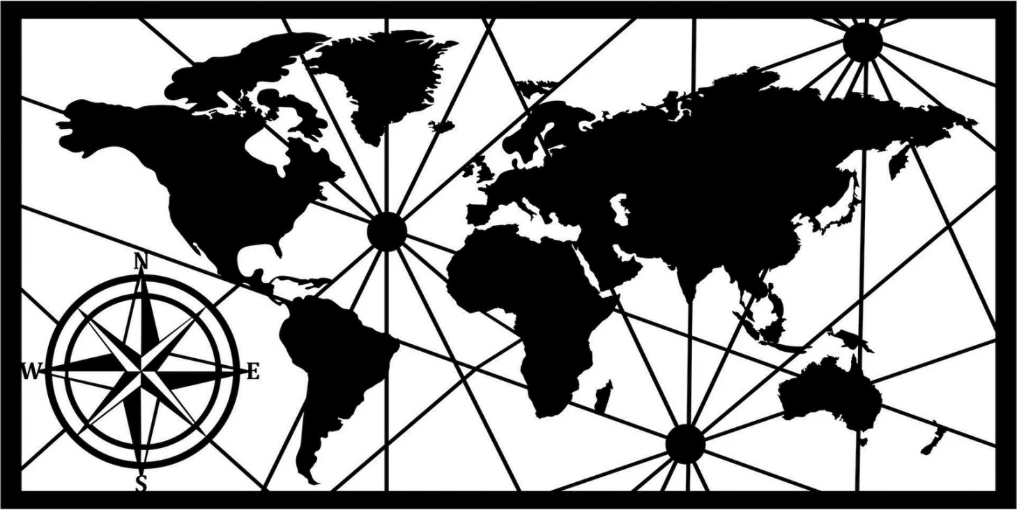 Dekor muri 100% metal, harta e botës, e zezë, 120Χ1,5Χ60, FH7335