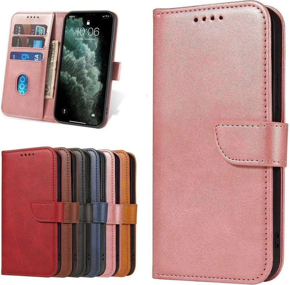 Mbështjellës Hurtel Magnet Case për Xiaomi Poco M4 Pro 5G, me kapak dhe mbështetëse, rozë