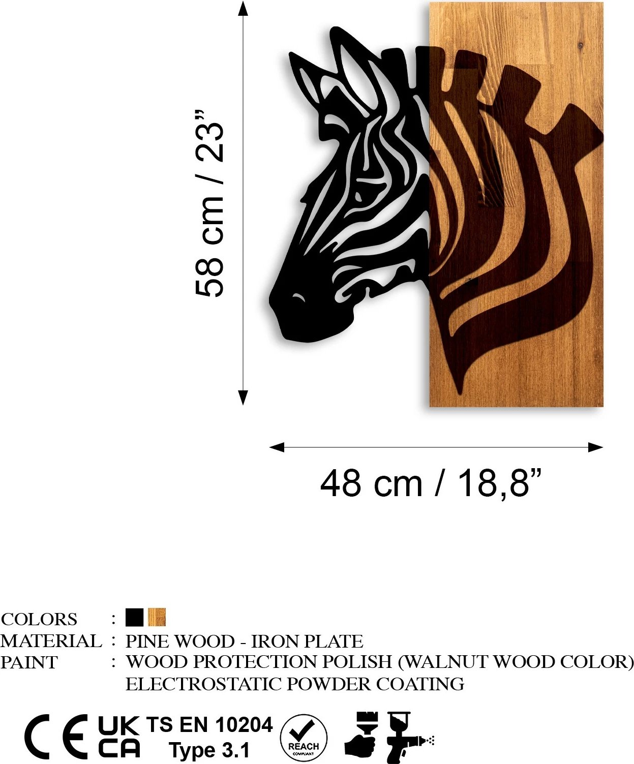 Aksesor dekorativ për mur, dru dhe metal, zebra, Wallity, ngjyrë arre dhe e zezë