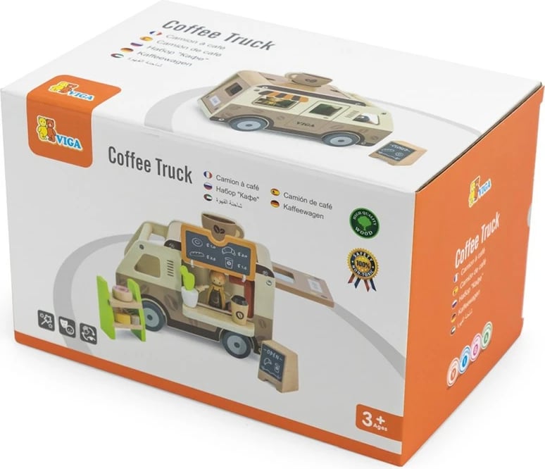 Lodër druri kafene mobile, Viga, furgon kafe me aksesorë, 3+ vjeç, ngjyrë sipas fotos