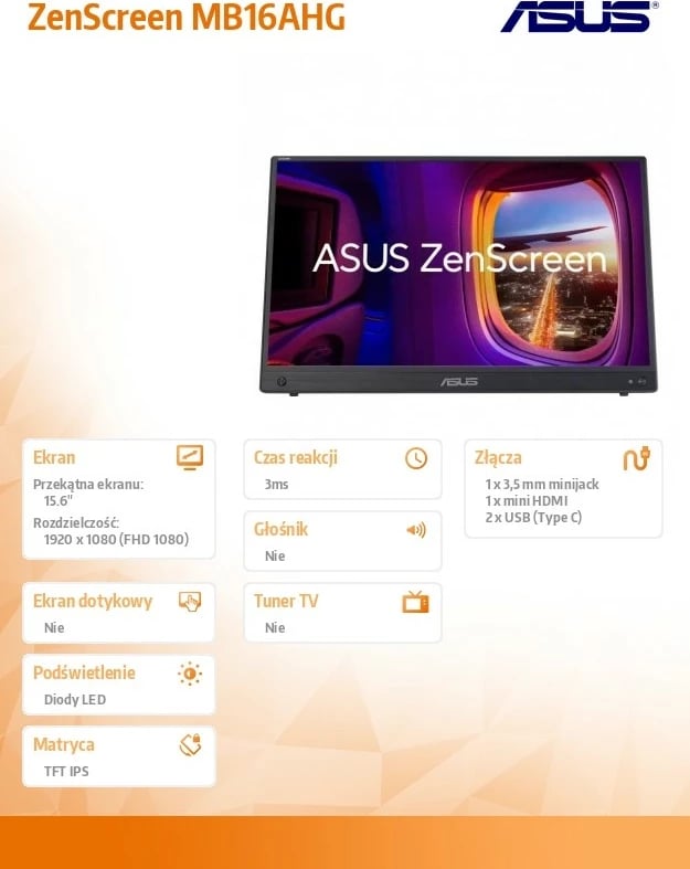 Monitor Asus ZenScreen MB16AHG, 15.6", IPS, 144Hz, FHD, i zi