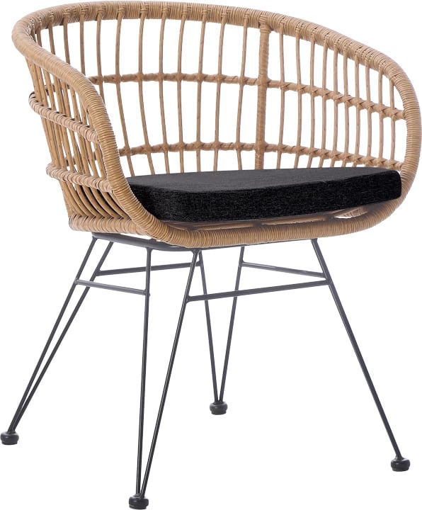 Karrige Naoki me jastëk pe rattan, ngjyrë natyrale, këmbë metalike të zeza, 63x61x79cm