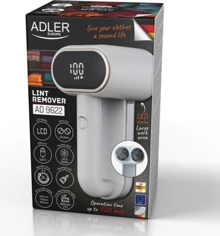 Makinë heqëse pushash Adler AD 9622, dy koka, LCD, 3 shpejtësi, depozitë 140 ml, bateri 1800 mAh, USB-C, e bardhë me ari