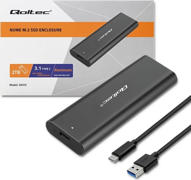Kasë Qoltec 50312 për SSD M.2 NVMe, USB Type-C, alumini, grafit