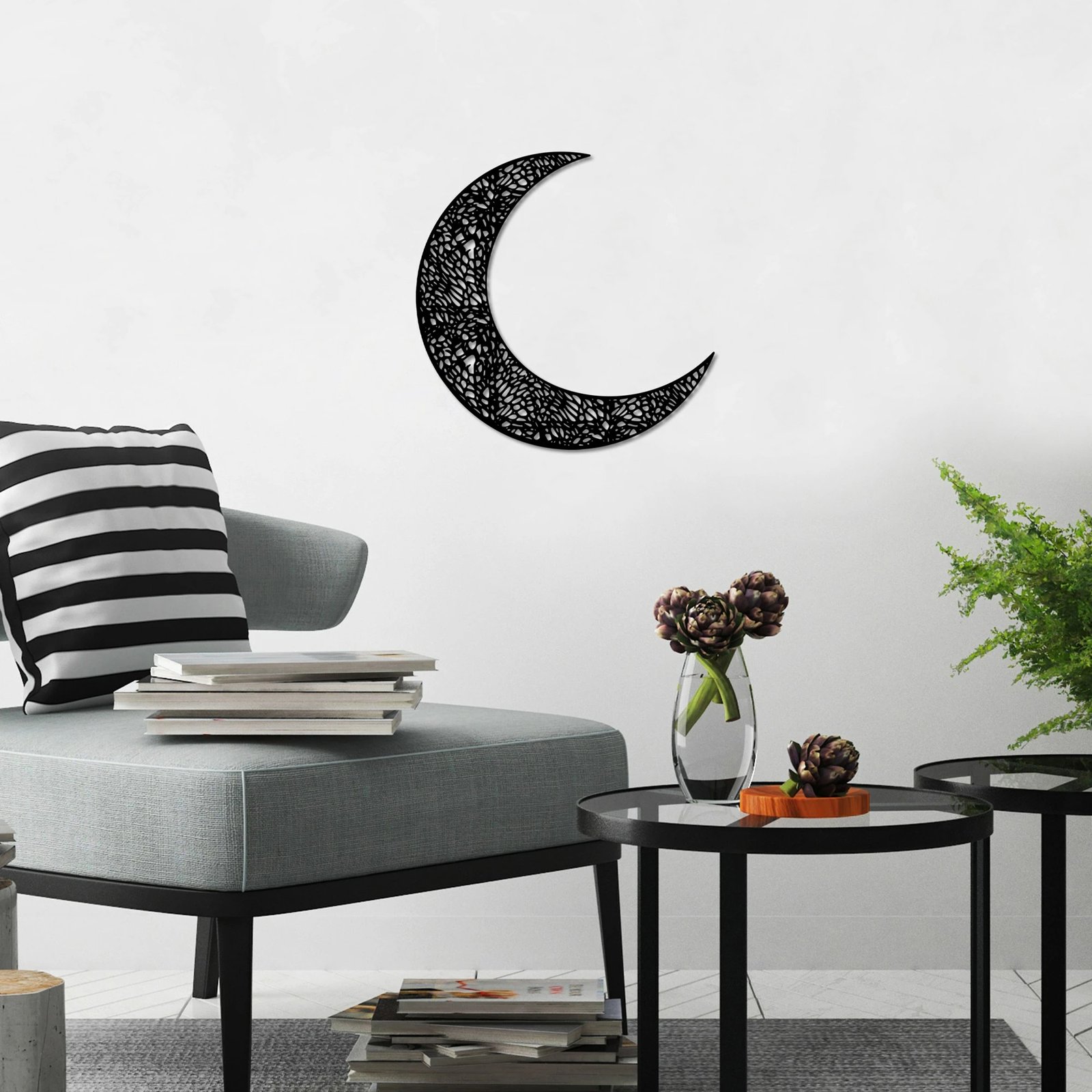 Aksesor dekorativ muri prej metali, gjysmëhëna 3, Wallity, ngjyrë e zezë, 49x49cm