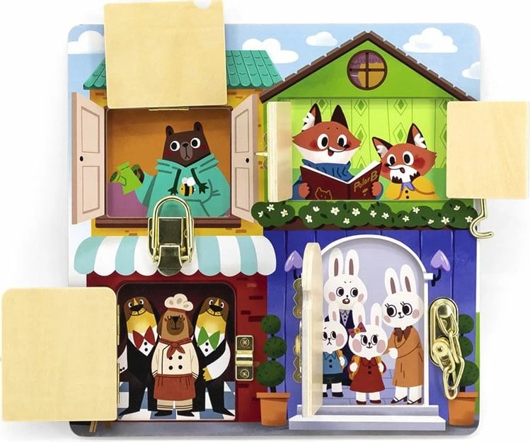 Lojë edukative druri, Viga, Locking and Unlocking, tabelë sensoriale me 4 dyer e bravë të ndryshme, 300x300 mm, Multingjyrës