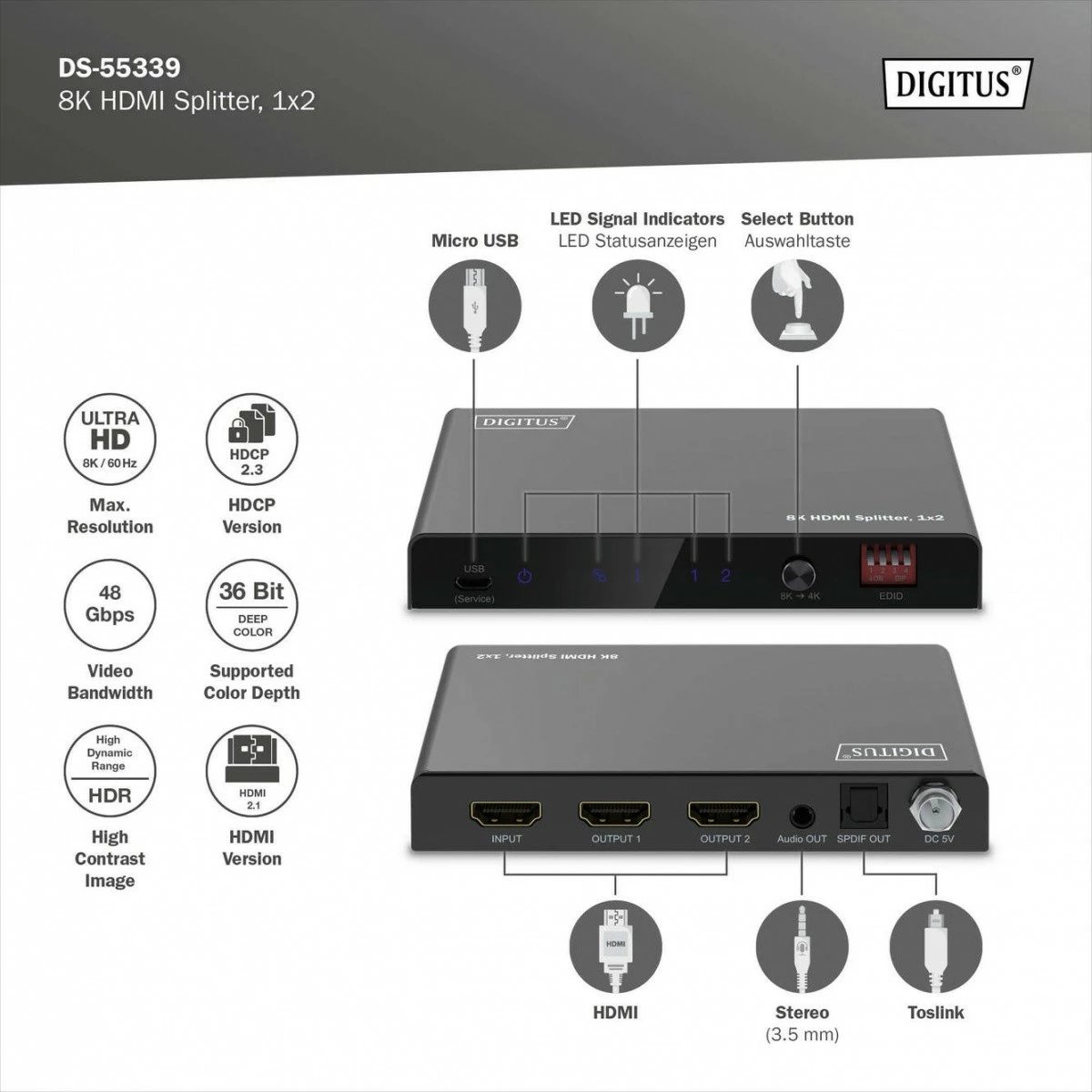 Shpërndarës HDMI Digitus DS-55339, 1x2, 8K/60Hz, HDR, 48 Gbps, Toslink/Stereo, i zi