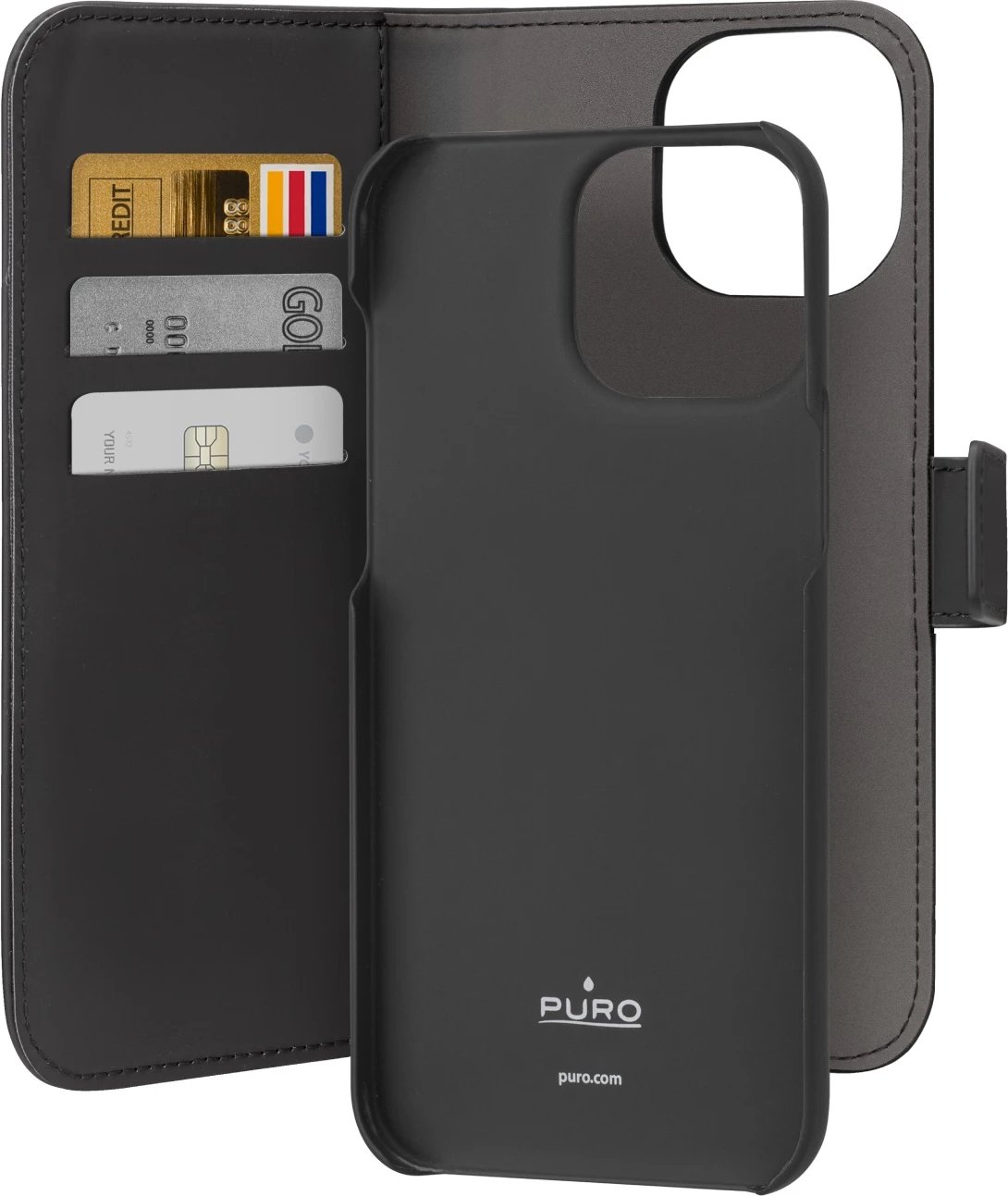 Mbështjellës portofol Puro Wallet Detachable MagSafe 2in1 për iPhone 15 Pro Max, lëkurë ekologjike, e zezë