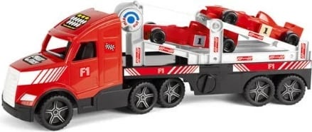 Set kamion transportues Magic Truck Action Formula 1, Wader 36241, 79 cm, plastikë, pa bateri, 3+, e kuqe/zezë/bardhë, set me 2 makina