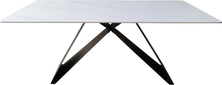 Tavolinë Mapele, sipërfaqe mermeri të bardhë, këmbë metalike të zeza, 180x90x75cm