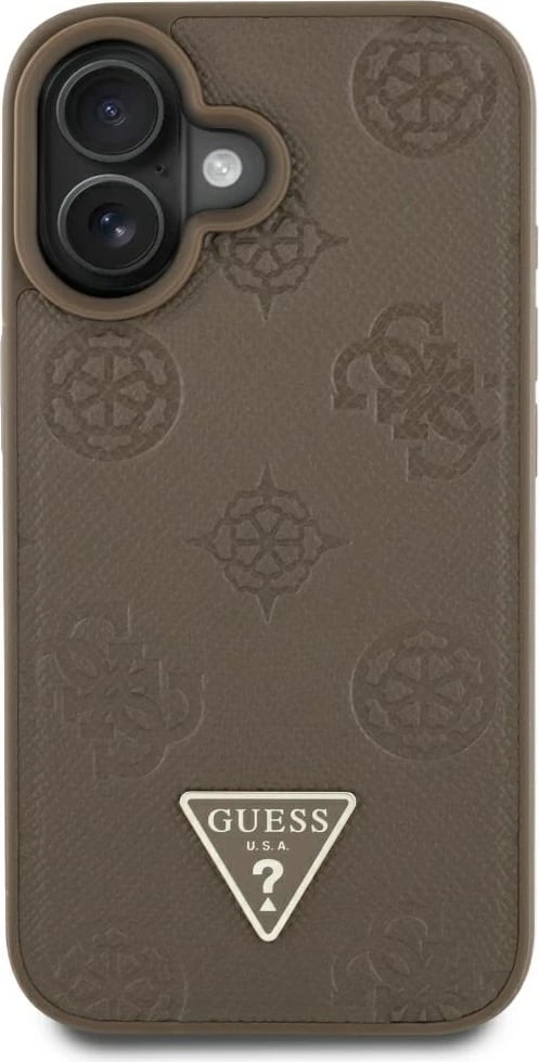 Mbështjellës Guess Grained Hot Stamp Peony Triangle Logo MagSafe për iPhone 16, Kafe