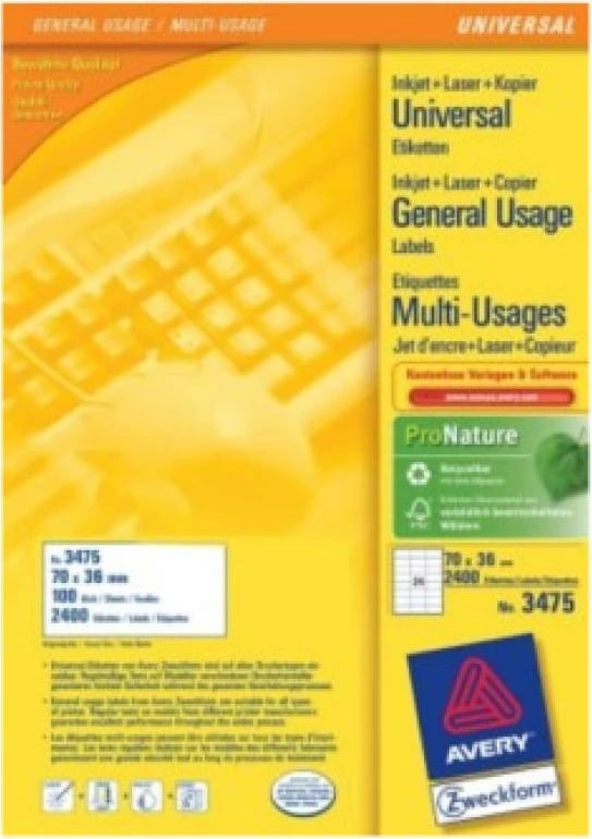 Etiketa universale, Avery Zweckform 3475, 70 x 36 mm, A4, 24 etiketa/fletë, 100 fletë, 2400 etiketa, e bardhë