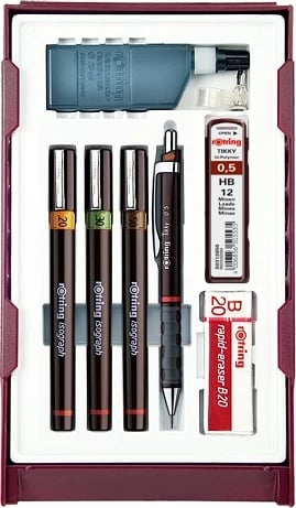Set vizatimi teknik Rotring, laps mekanik, stilolaps teknik 0.2/0.3/0.5mm, ngjyrë e zezë
