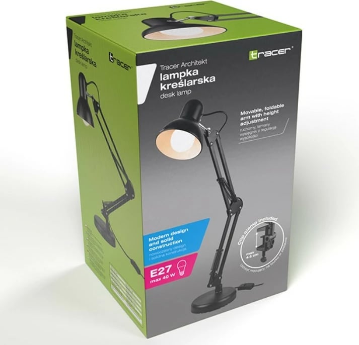 Lampë tavoline, Tracer Architect TRAOSW47244, krah fleksibël me kapëse, E27 40 W max, kabllo 1.5 m, e zezë