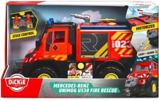 Lodër zjarrfikëse Mercedes-Benz Unimog U530 Dickie Toys, 50 cm, me drita e tinguj, e kuqe/zezë, set me 2 drone