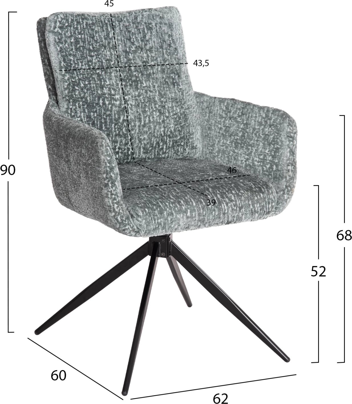 Karrige për ngrënie me krahë, rrotulluese, ngjyrë mente, FH9942.03, pëlhurë boucle-metal, 62x60x90Hcm