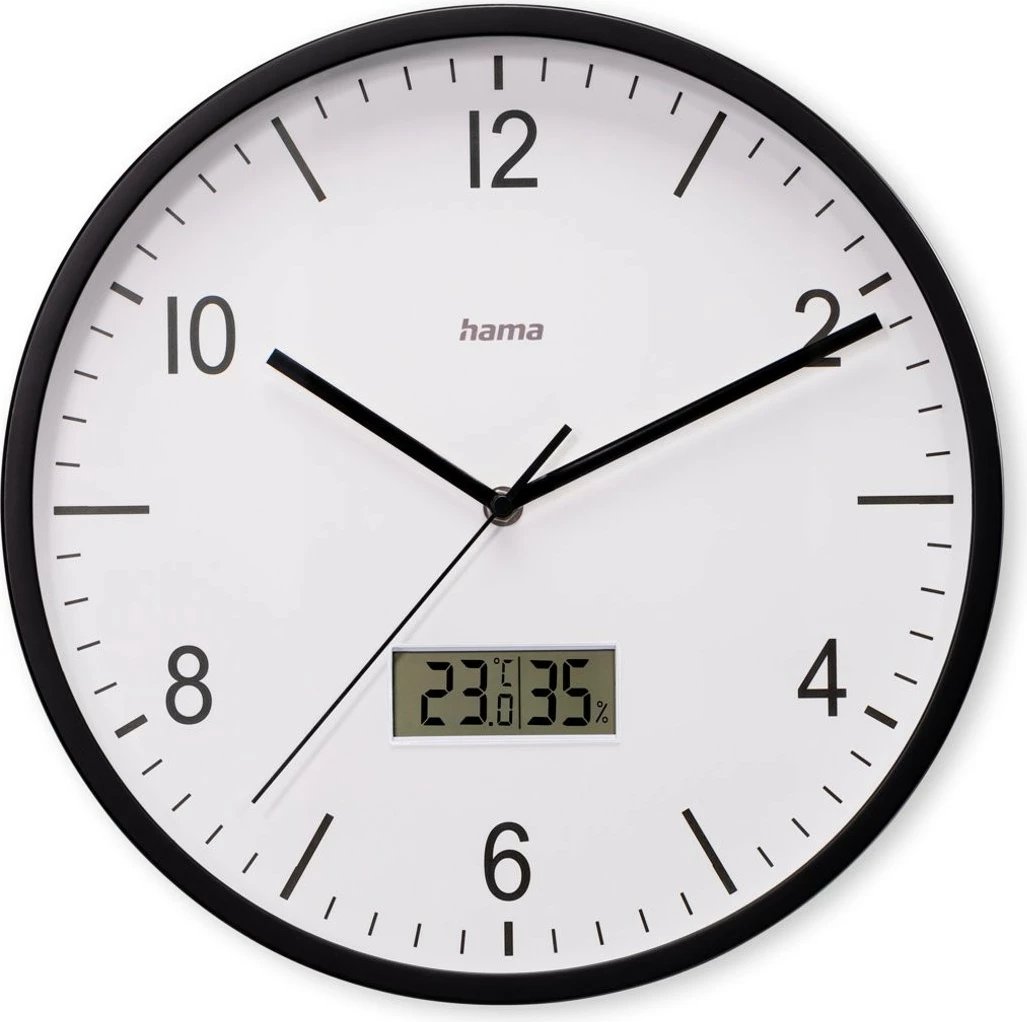 Orë muri, Hama, 185887, 30 cm, radio-kontroll DCF, mekanizëm i qetë, higrometër/termometër, xham, AA, e zezë/e bardhë
