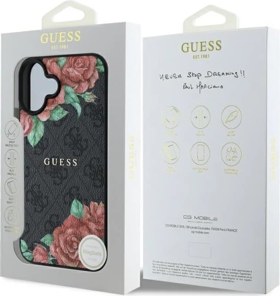 Mbështjellës Guess GUHMP16SP4ROPEMCK për iPhone 16 6.1", hardcase, MagSafe, i zi me lule