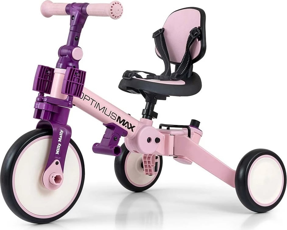 Tricikël 5‑në‑1 me dorezë prindërore, Milly Mally Optimus Max, rrota shkumë, kornizë çeliku, palosshëm, 12M+, ngarkesë 25 kg, rozë