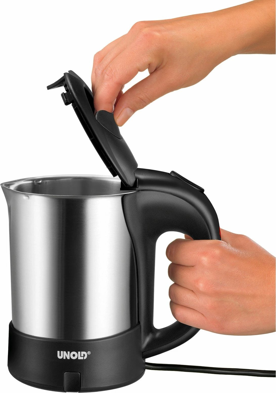 Ibrik elektrik UNOLD 18575, çelik inoks, udhëtimi, 0.5L, i zi